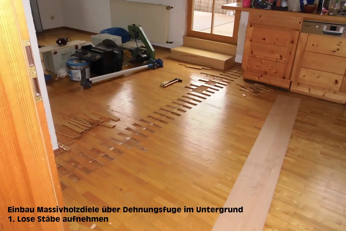 Einbau Massivholzdiele über Dehnungsfuge im Untergrund