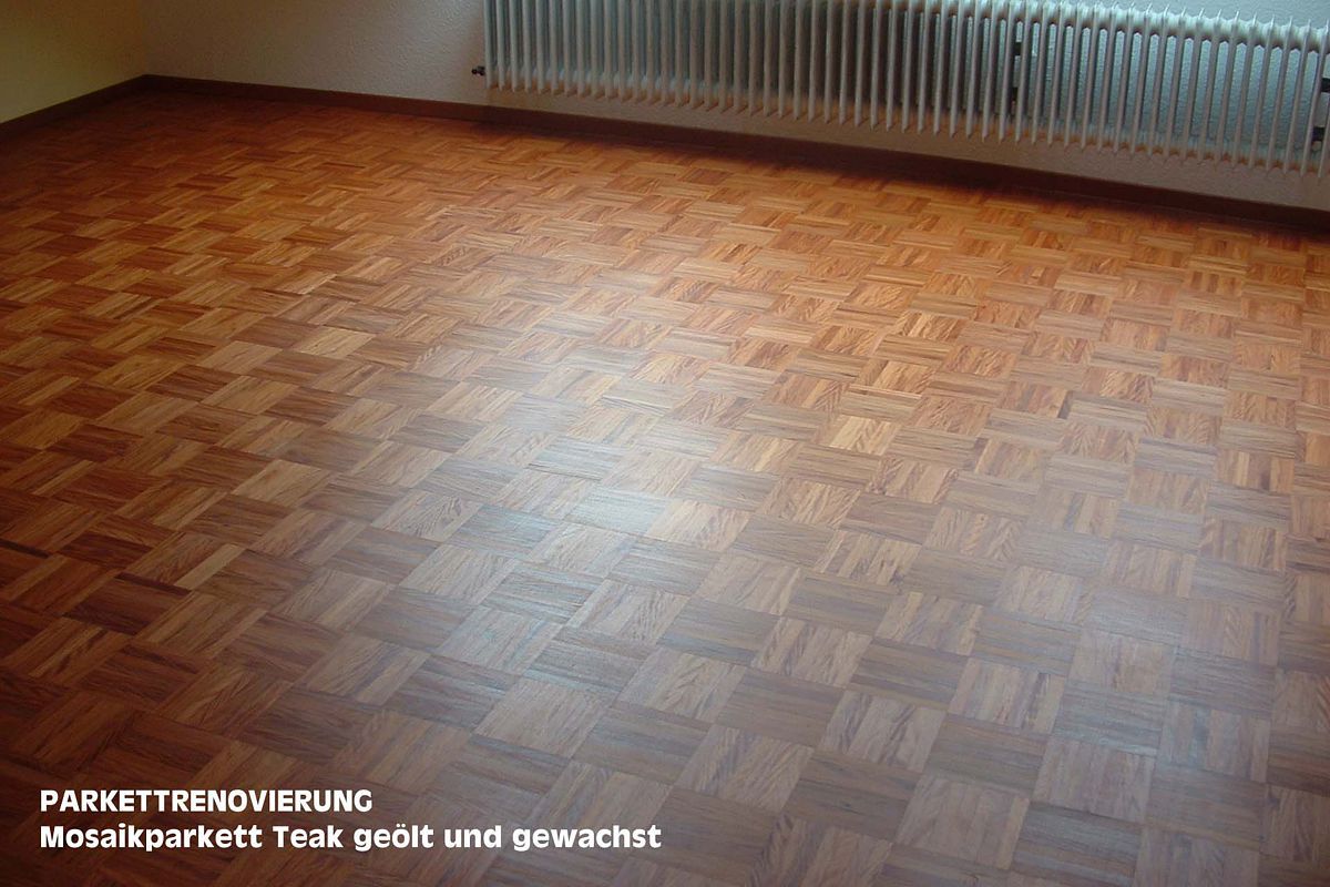 PARKETTRENOVIERUNG: Mosaikparkett Teak geölt und gewachst